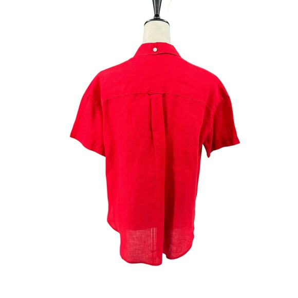 Alex Mill Bright Solid Red 100% Linen Short Sleeve Button Up Utility Camp Shirt - Picture 3 of 10